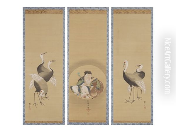 Jyuro With Circular Window/cranes (a Set Of Three Scrolls) - view 1