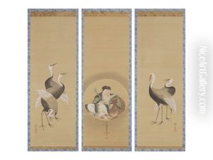 Jyuro With Circular Window/cranes (a Set Of Three Scrolls) by Sakai Hoitsu