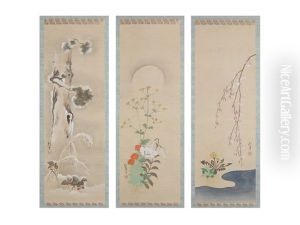 Snow, Moon And Flowers (a Set Of Three Scrolls)