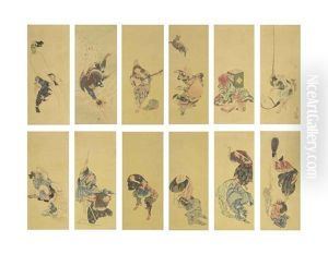 Immortals, Gods Of Good Fortune And Kyogen Actors (12 Works Mountaed As A Pair Of 6-panel Screens)) by Katsushika Hokusai
