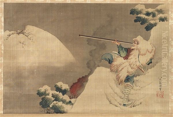 Depicting A Man With Rifle In A Snowy Mountain Landscape - view 1