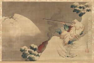 Depicting A Man With Rifle In A Snowy Mountain Landscape by Katsushika Hokusai