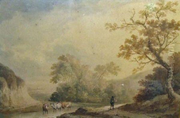 Herder And Cattle In River Landscape - view 1