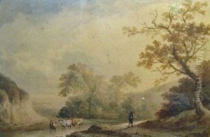 Herder And Cattle In River Landscape by Benjamin Barker Of Bath
