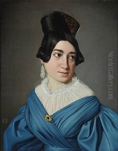 Portrait Of A Young Lady In Blue Dress With Gold Brooch - view 1