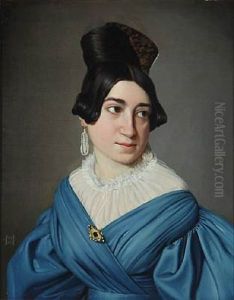 Portrait Of A Young Lady In Blue Dress With Gold Brooch by Niels Peter Holbech