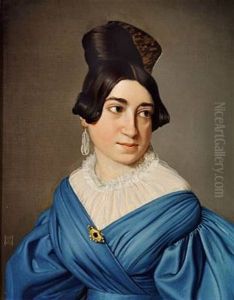 Portrait Of A Young Girl In A Blue Dress Decorated With A Gold Brooch