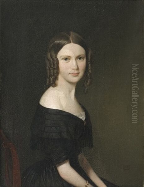 Portraet Af Ung Kvinde Med Brune Slangekroller I Sort Nedringet Krinolinekjole, Siddende Pa Empirestol - view 1