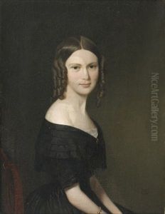 Portraet Af Ung Kvinde Med Brune Slangekroller I Sort Nedringet Krinolinekjole, Siddende Pa Empirestol