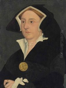 Portrait Of Elizabeth Jenks, Lady Rich In A White Shirt And Black Dress And Headdress Decorated With Pearls And Gold Medallion by Hans Holbein the Younger