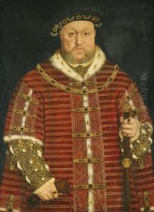 Portrait Of King Henry Viii, Half-length, Wearing A Richly Embroidered Red Velvet Surcoat, Holding A Staff