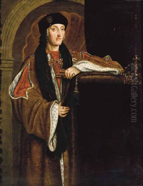 Portrait Of King Henry Vii, Standing Three-quarter Length, In A Gold Ermine Lined Cloak And Black Cap, A Crown At His Side - view 1