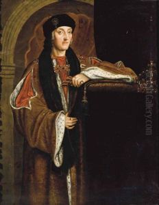 Portrait Of King Henry Vii, Standing Three-quarter Length, In A Gold Ermine Lined Cloak And Black Cap, A Crown At His Side by Hans Holbein the Younger