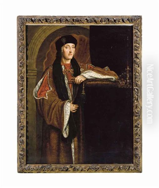 Portrait Of King Henry Vii, Standing Three-quarter Length, In A Gold Ermine Lined Cloak And Black Cap, A Crown At His Side - view 1