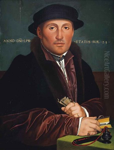 Portrait Of A Gentleman, Half-length, In A Red And Black Furlined Coat With A Black Hat, Holding A Book And A Piece Of Paper - view 1