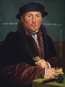 Portrait Of A Gentleman, Half-length, In A Red And Black Furlined Coat With A Black Hat, Holding A Book And A Piece Of Paper by Hans Holbein the Younger