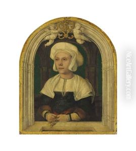 Portrait Of A Lady, Half-length, In A White Coif And Green Bodice With Fur-trimmed Sleeves, In A Trompe-l'oeil Architectural Setting With Putti by Hans Holbein the Younger