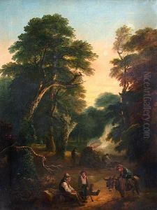Charcoal Burners In A Woodland Clearing by John Joseph Barker Of Bath