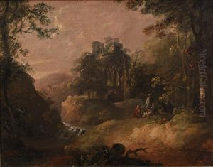 Wooded Landscape With Ruins And Figures And Donkey At A Camp Fire by Thomas Barker of Bath