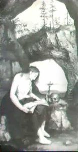 Sitzende Maria Magdalena In Weissem Gewand Und Blauem       Mantel Als Busserin In Einer Felsenhohle.