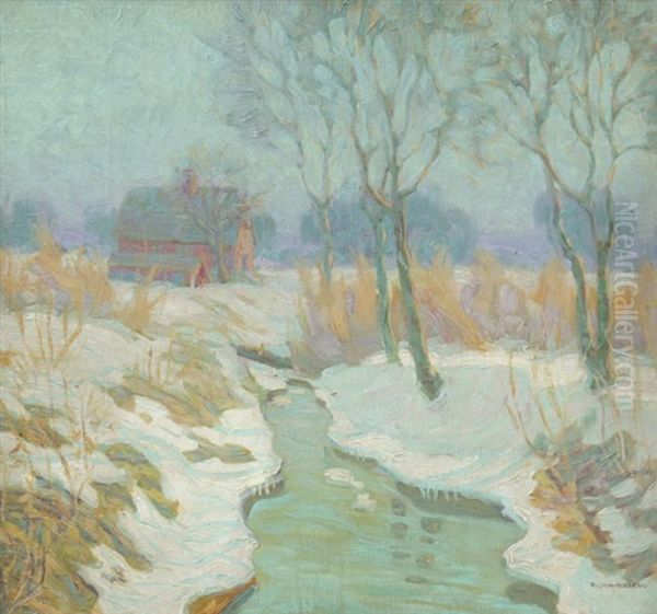 Winter Stream With Red Barn - view 1