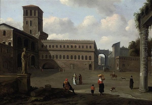 A Medieval Town Square With Figures Beside Roman Ruins - view 1