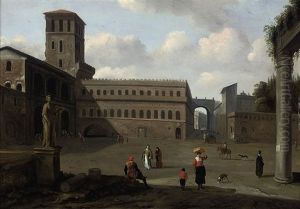 A Medieval Town Square With Figures Beside Roman Ruins