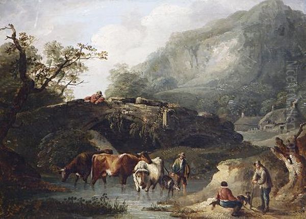 Italianate Landscapes With Figures And Cattle Watering by Thomas Barker of Bath