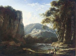 A Wooded River Landscape With Figures Resting On A Path, A Citybeyond