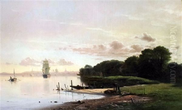 View Of Copenhagen From An Estuary With Sailing Boats And Small Fishing Vessels To Foreground - view 1