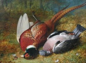 A Still Life Of A Dead Pheasant And A Wood Pigeon by Abel Hold