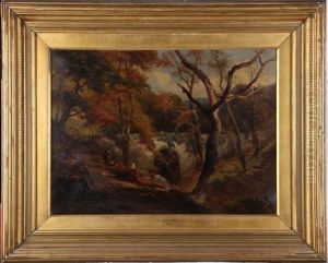 Forest Scene With Arched Bridge And Four Figures by Edward Henry Holder