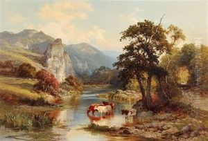 English Landscape With Cattle By A Stream by Edward Henry Holder
