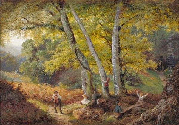 Children Playing In A Wooded Glade - view 1