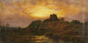 Flusslandschaft Mit Kirche Auf Einem Hugel In Der Abenddammerung by Edward Henry Holder