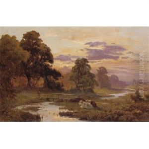 Cattle Grazing At Sunset (+ Fishing On The River, Oil On Canvas; 2 Works) by Edward Henry Holder