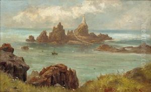 A Boat By A Rocky Coastline With A Lighthouse Beyond by Edward Henry Holder