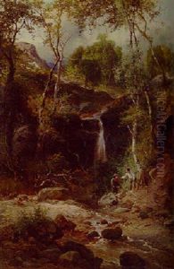 Figures By A Waterfall In A Wooded Landscape by Edward Henry Holder
