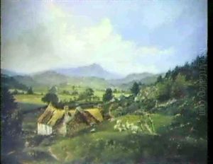 Weite Englische Hugellandschaft Mit Bauernhof Und Schafen by Edward Henry Holder