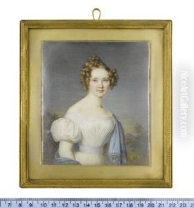 A Lady, Wearing White Dress With Short Bouffant Sleeves, Pale Blue Sash, Cerulean Blue Stole Embroidered With Paisley Designs And Draped Over Her Left... A Lady, Wearing White Dress With Short Bouffant Sleeves, Pale Blue Sash, Cerulean Blue Stole Embroidered With Paisley Designs And Draped Over Her Left...