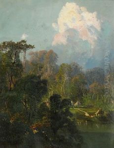 Tropical Panama Landscape With Native Huts by Ransom Gillet Holdredge
