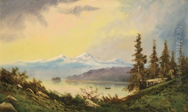 Landscape Depicting The Puget Sound With Indians In A Canoe And Mountains In The Background - view 1