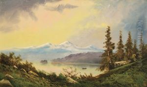 Landscape Depicting The Puget Sound With Indians In A Canoe And Mountains In The Background by Ransom Gillet Holdredge