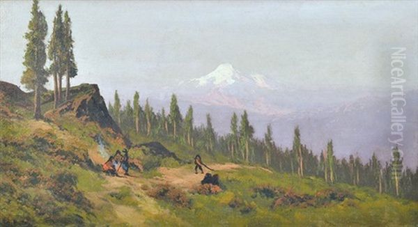 Mountain Scene With Figures Around A Campfire - view 1