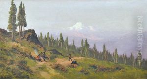 Mountain Scene With Figures Around A Campfire