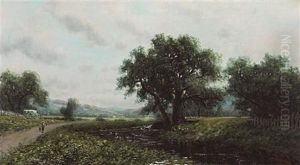 Summer Stream With Figures Walking Nearby, Thought To Be Sacramento Valley by Ransom Gillet Holdredge