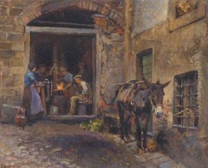 A Donkey Outside A Forge by Alphons Hollaender