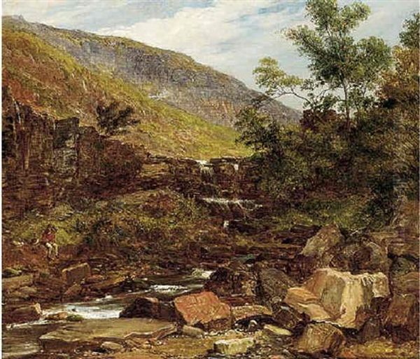 A Figure On The Banks Of A River, A Hillside Beyond - view 1