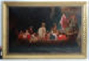 Greco-roman Mythological Scene Of Aeneas His Father And Son Anchises And Ascanius And Some Remaining Trojans Escaping To Carthage Bound For Rome Italy With Troy Burning In The Background A Result Of The Trojan War And Trojan Horse by Henry Holland