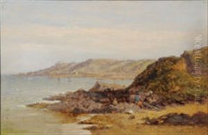 Coastal Scene With Wreckers, Shipping And Headland Buildings by James Holland